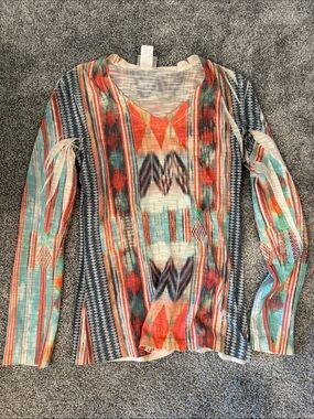 Boho Stripe & Aztec Print Long Sleeve Top - Multicolor